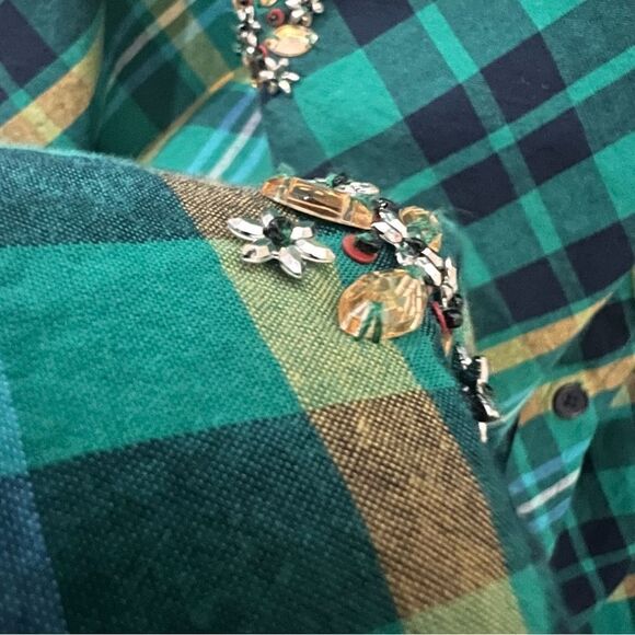 Kim Rogers Green Plaid Button Down Top with Rhinestone Embellishments Size 2X - Picture 5 of 12